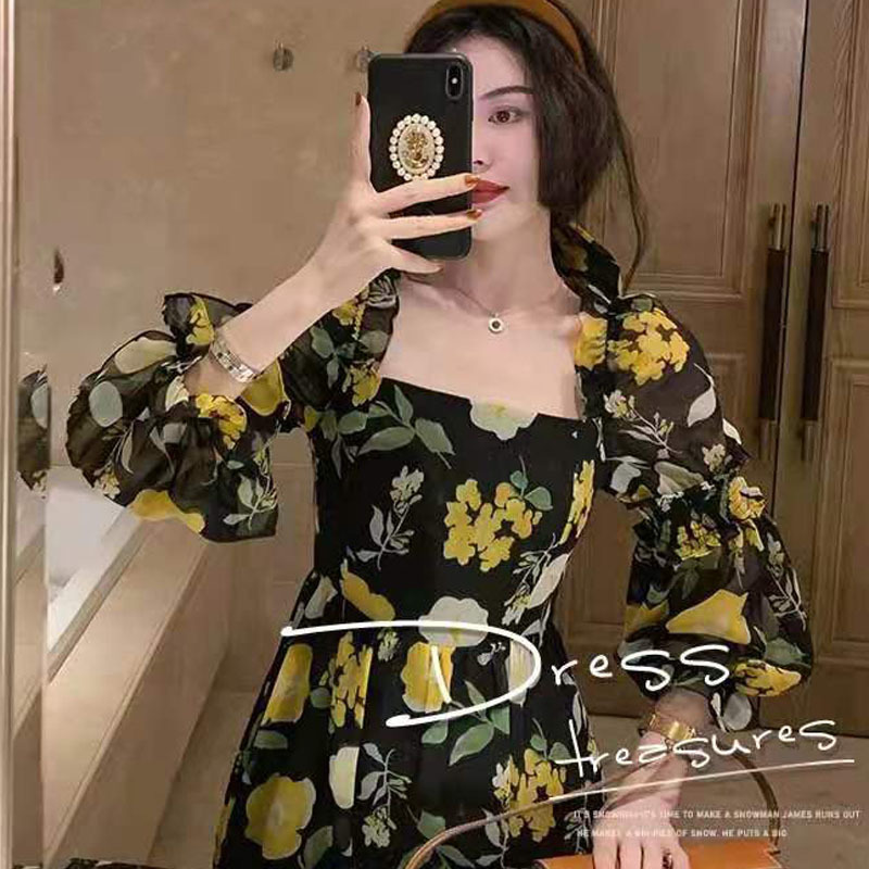Dress Korea Fairy Floral Midi Women Puff Sleeve Elegant Vintage Female Party Office Lady Summer 210521
