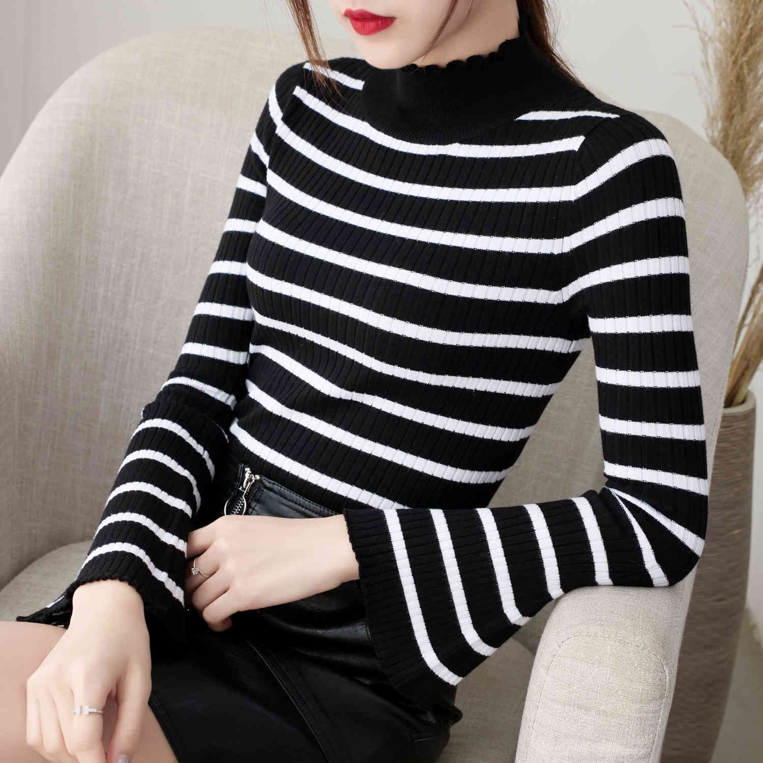 Autumn Winter Knitted Women Sweater Striped Bell Sleeve Korean Long Semi-high Collar Slim Sweet 6837 50 210510