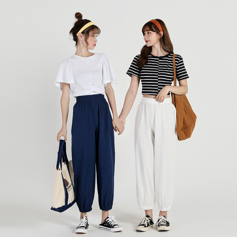 Summer Cotton and Linen Knickerbockers Women's Casual Sports Thin Radish Loose Solid Elastic Waist Harem Pants 210428