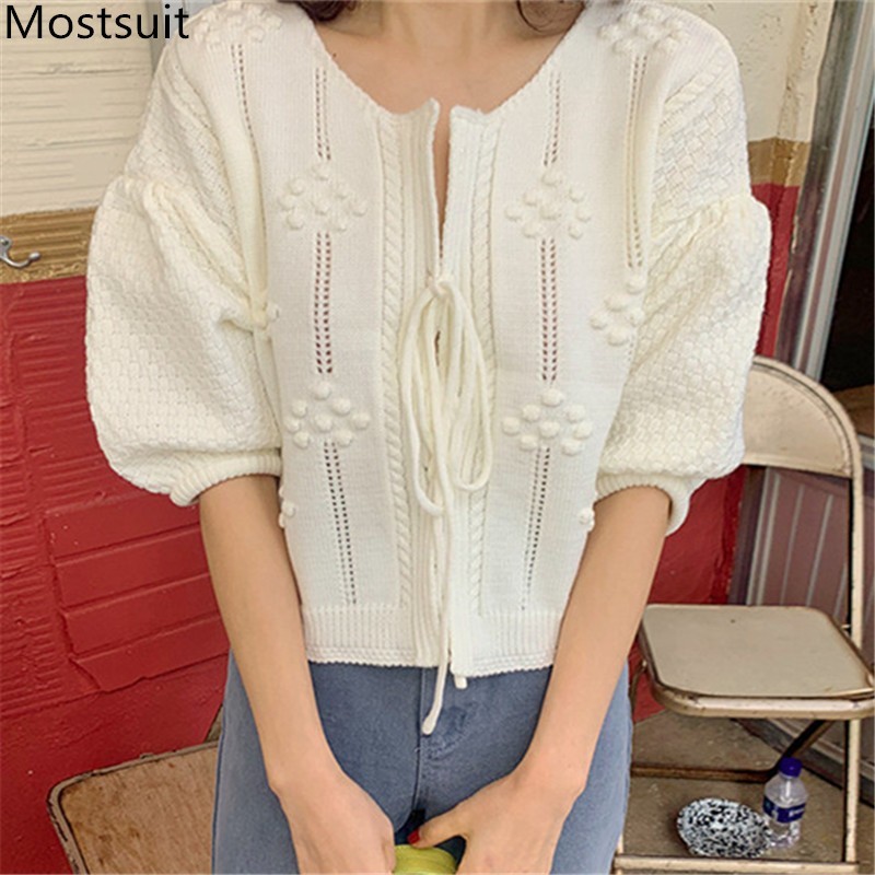 Stereoscopic Balls Knitted Cardigan Sweater Women Puff Sleeve O-neck Lace Up Tops Vintage Korean Fashion Ladies Jumpers 210514