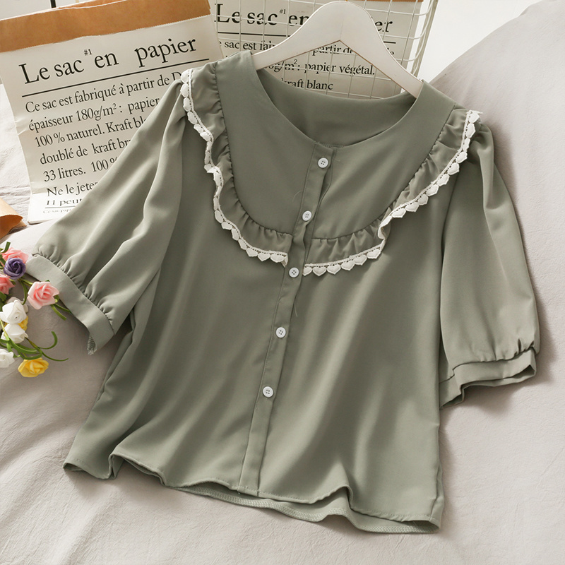 Kimutomo Chic Fungus Blouse Women Summer Color Matching Clothing Female O-neck Short Sleeve Single-breasted Top Casual 210521
