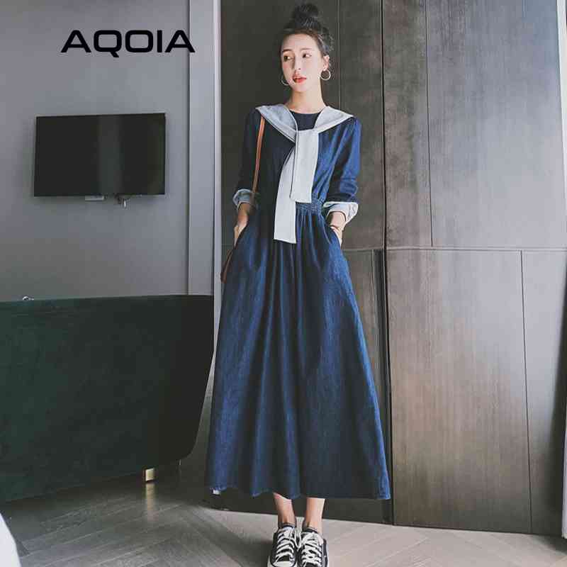 Spring Streetwear Denim Women Long Dress Sleeve Casual Shawl Empire Loose Plus Size Fashion Y2K Ladies Dresses 210521