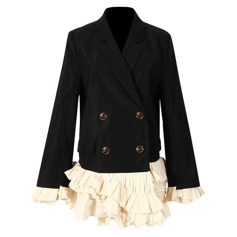 [EWQ] Autumn Female Notched Collar Long-sleeved Blazer Coat Double Breasted Loose Sweet Patchwork Ruffles Suit Top 8Y048 210930
