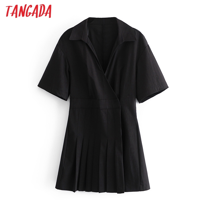 Summer Women Black Blazer Short Sleeve Ladies Pleated Mini Dress Vestidos 3H58 210416