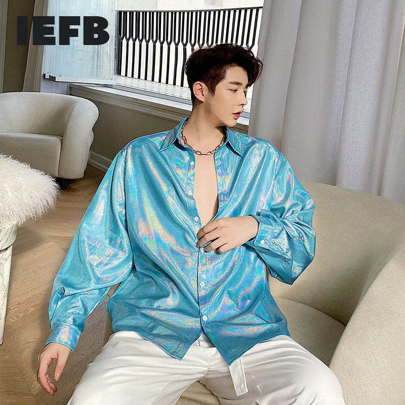 IEFB Spring Clothing Oversized Long Sleeve Korean Streetwear Men's Shirt Lapel Shiny Fabric Trend Tops Blue Clothes 9Y5776 210524