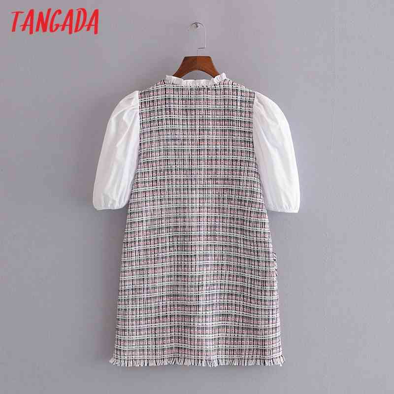 Women Plaid Tweed Puff Short Sleeve Ladies Mini Dress Vestidos 3H204 210416