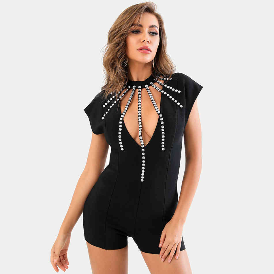 Summer Women Black Bandage Bodysuits Sexy Beading V Neck Short Sleeve & Pants Club Party Laies Rompers 210423