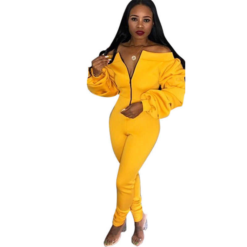 Ladies Casual Slash Neck Front Zipper Jumpsuit Stacked Long Sleeve Slim Bodysuit Women Kombinezon Damski Elegancki 210604