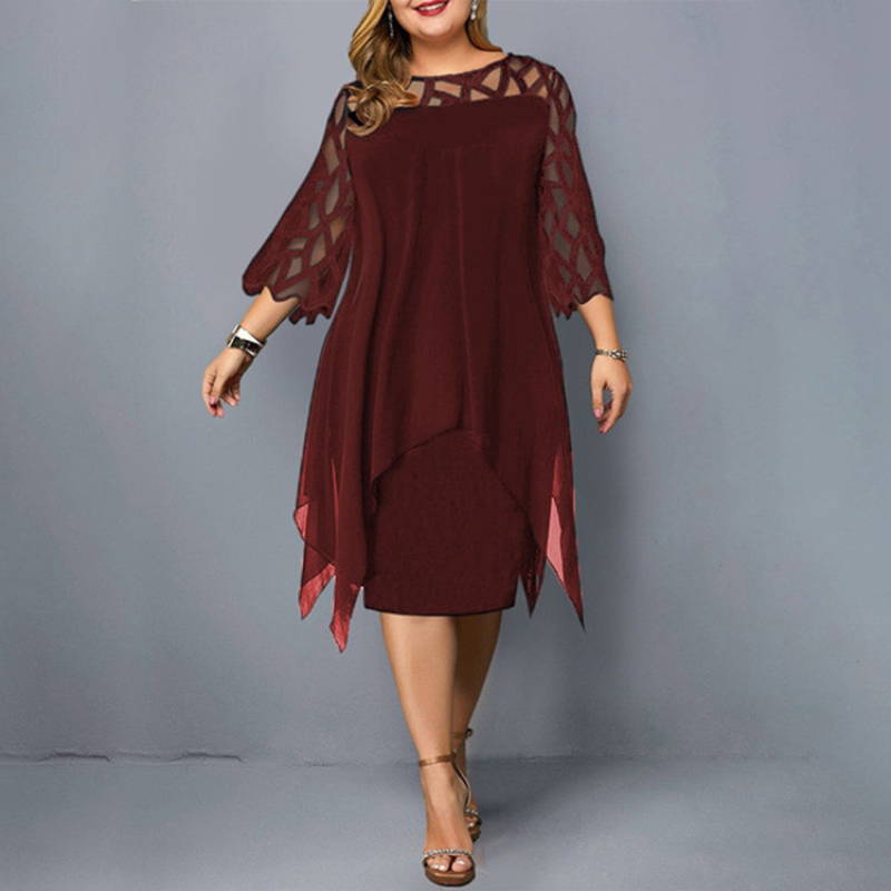 Women Plus Size Dresses Casual Loose Lace Mesh Sexy Elegant Midi Party Dress Asymmetrical L-6XL