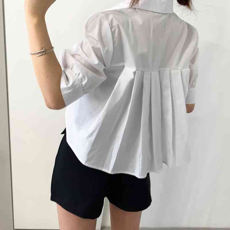 OL Fashion Chic Korean Summer Blue Short Front Long Back Pleated Blouse Women Loose Doll White Lapel Shirts Casual Blusas 210429