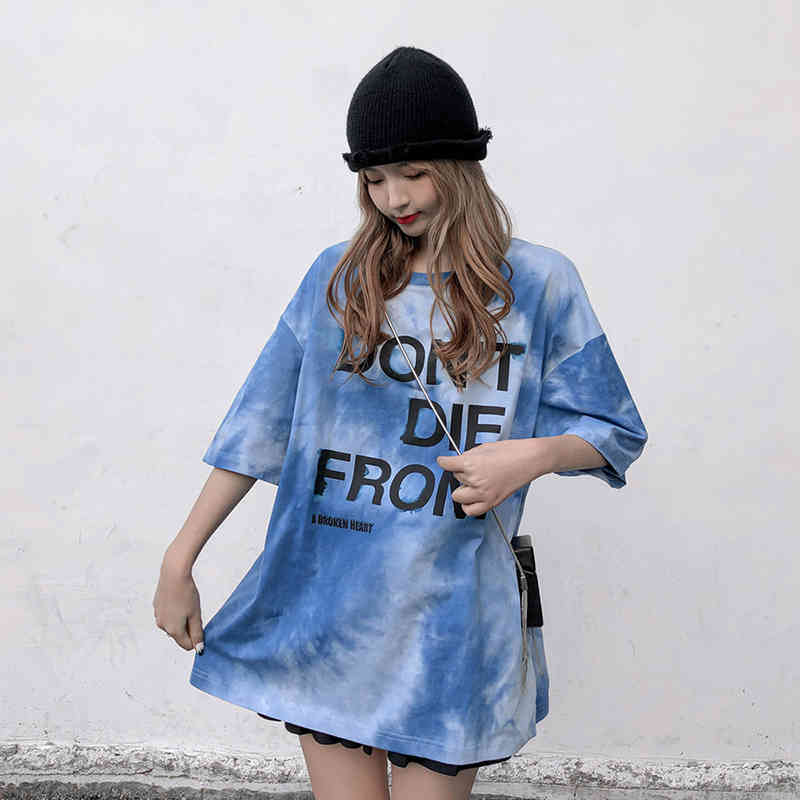 IEFB Tie Dyed Letter Printed Short Sleeve T-shirt For Men Summer Blue Clothing Oversized Streetwear Hip Hop Tee Tops 210524