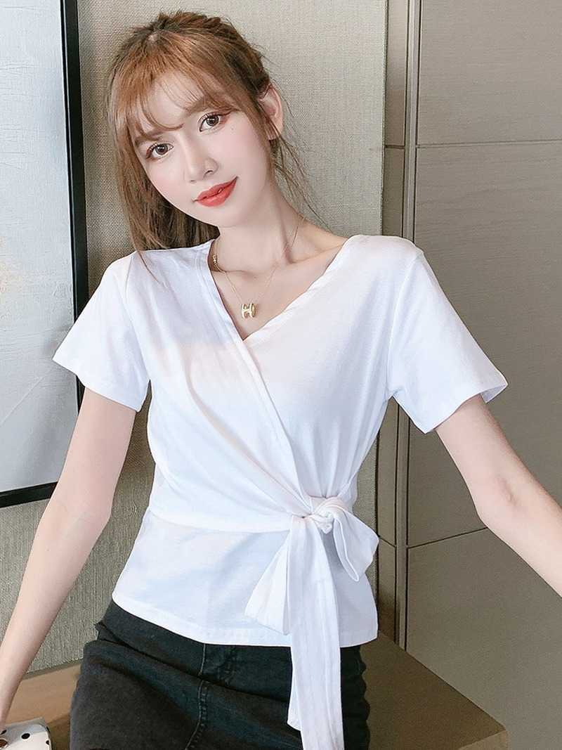 Spring/Summer Korean Fashion and Elegant OL Women's T-shirt White Lace-up Thin Short 210615Z