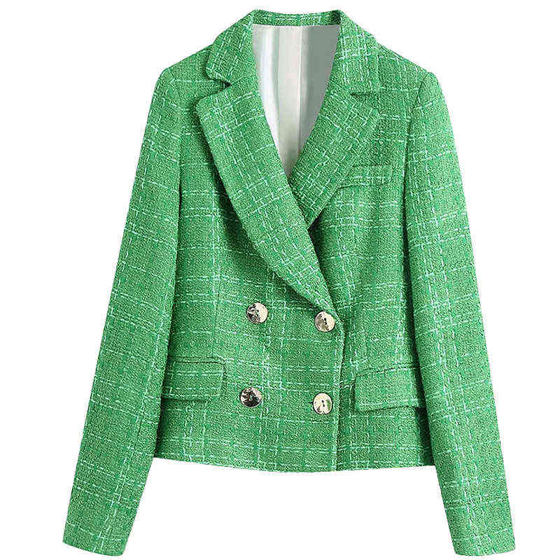OneBling Za Simple Green Plaid Tweed Notched Double-Breasted Fitted Blazers Female England Style Short Coats Urban Outfits 211122