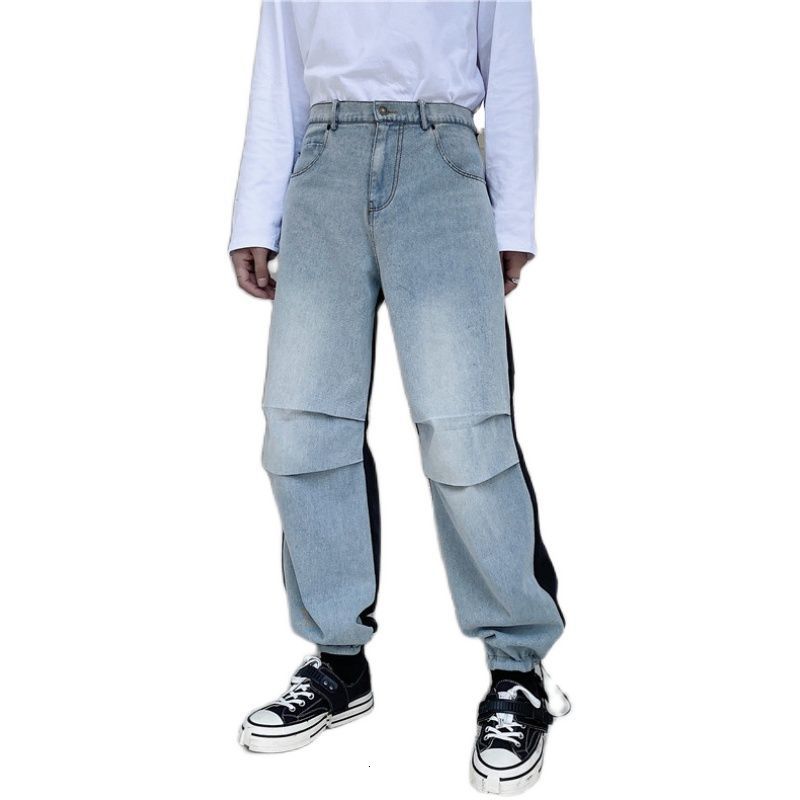 IEFB Men's Wear Color Block Patchwork Work Clothes Jeans Loose Wide Leg Fold Leg Pants Male Spring Pdenim Pants 9Y3754 210524