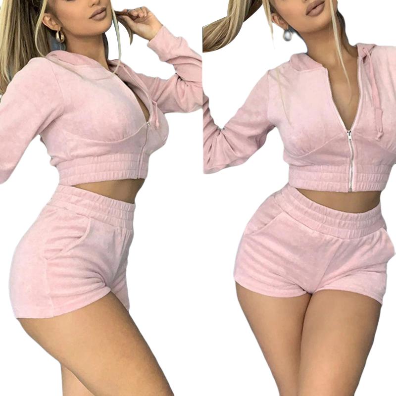 Pcs Women's Solid Color Sporty Casual Sweatsuit Long Sleeve Zipper Sexy Slim Short Hoodies Coat +High Waist Biker Shorts Tracksuits