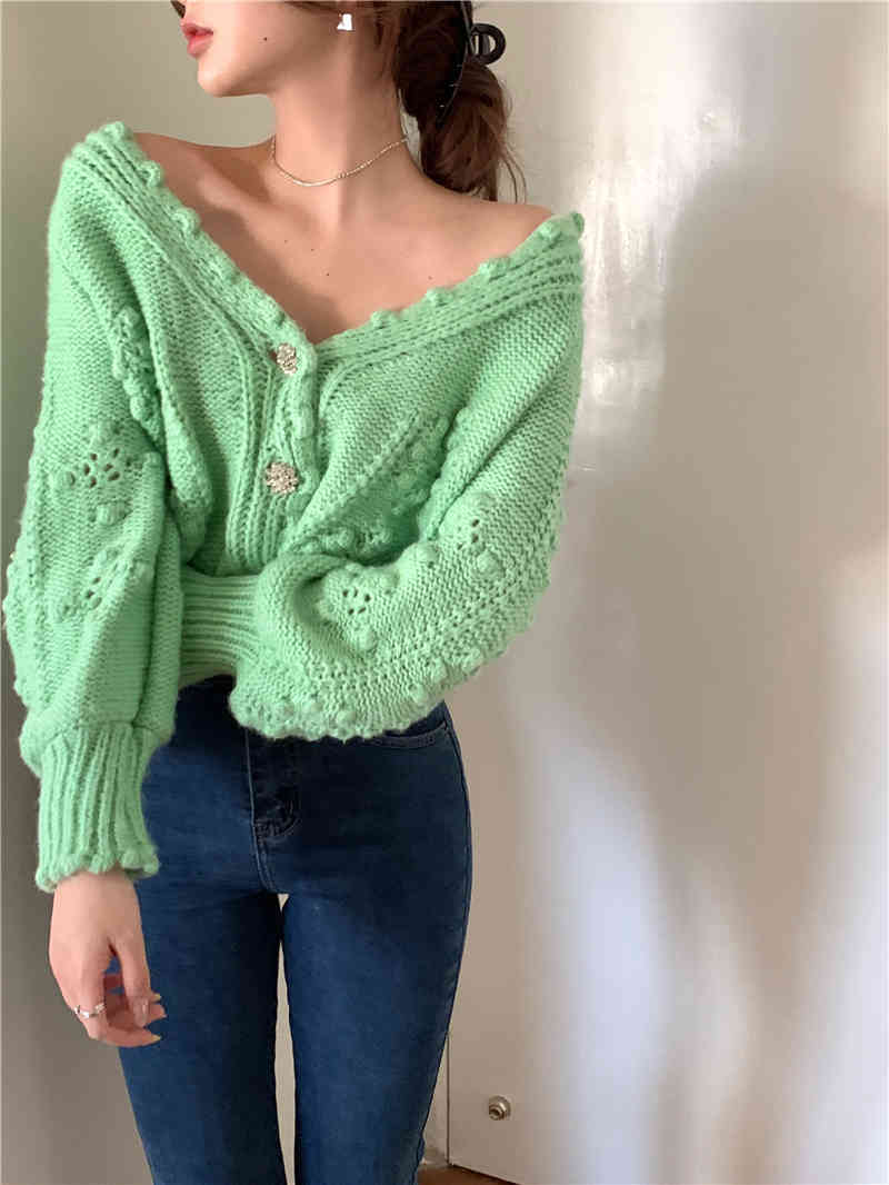 3 colors autumn korean style loose Women v neck Cardigan Sweater coat Female Outwear hollow out Knitted tops (R99442 210423