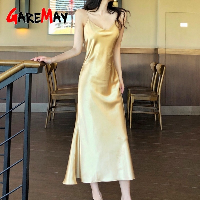 Summer Women Satin Solid Dress Off-Shoulder Sleeveless Sexy Party es Korean Lady Long Spaghetti 210428