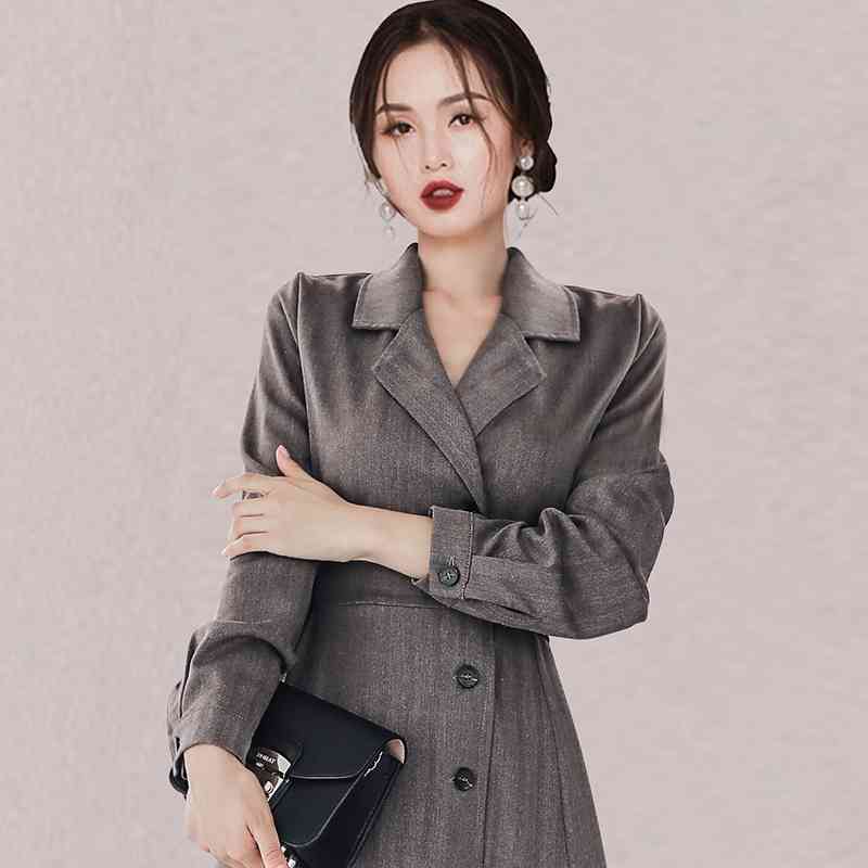 Autumn And Winter Vintage Belt Long Dresses Women Elegant Office Ladies Blazer Full Sleeve Female Party Vestidos 210520