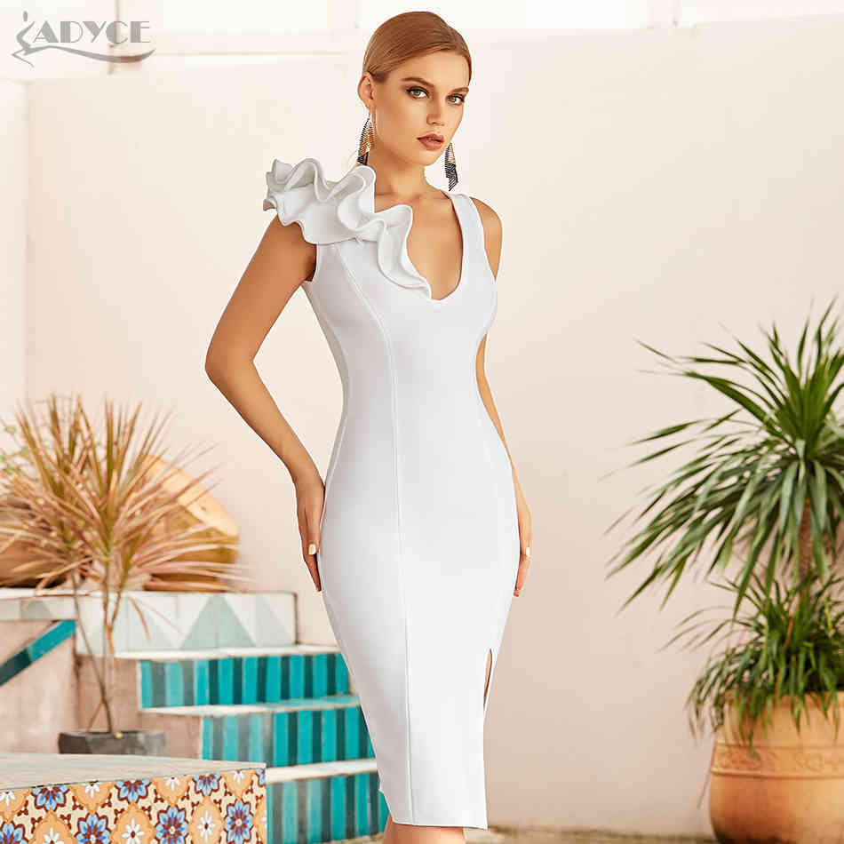 Summer Bodycon Club Ruffles Bandage Dress Women Sexy Deep V Neck Tank White Red Celebrity Runway Party Dresses Vestido 210423