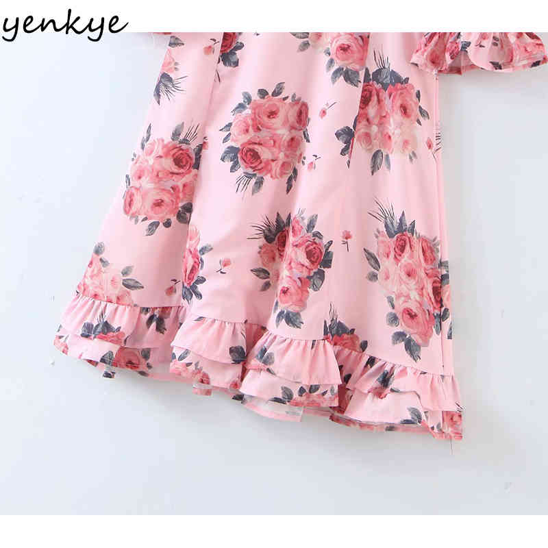 Sweet Women Floral Print Pink Holiday Summer Dress Puff Sleeve V Neck Vestido Mujer High Waist Ruffle A-line Mini 210430