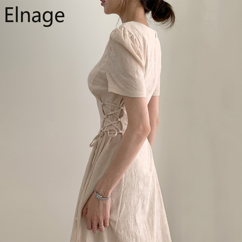 Korean Temperament Pattern V-neck Slim Side Lace Up Maxi Dress Women Short Sleeve Summer Dresses Cotton and Linen Robe 5B083 210429