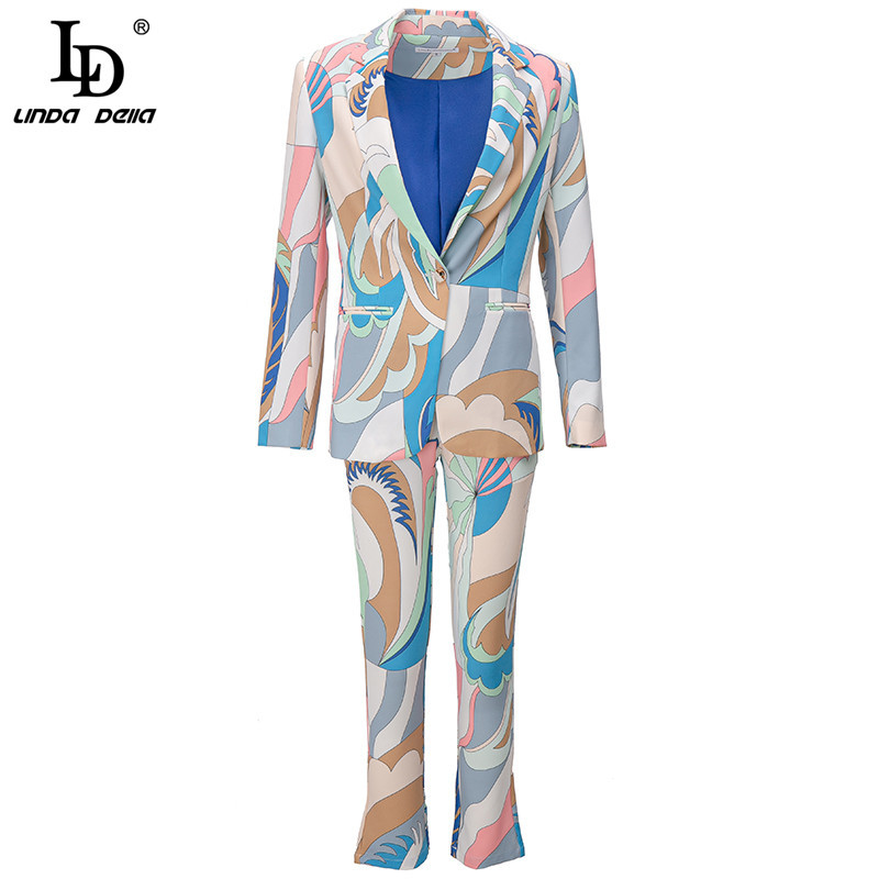 Fashion Runway Autumn Women Shawl Collar Single Button Long jacket Top and Print Full Length Pants 2 Pieces Sets 210522