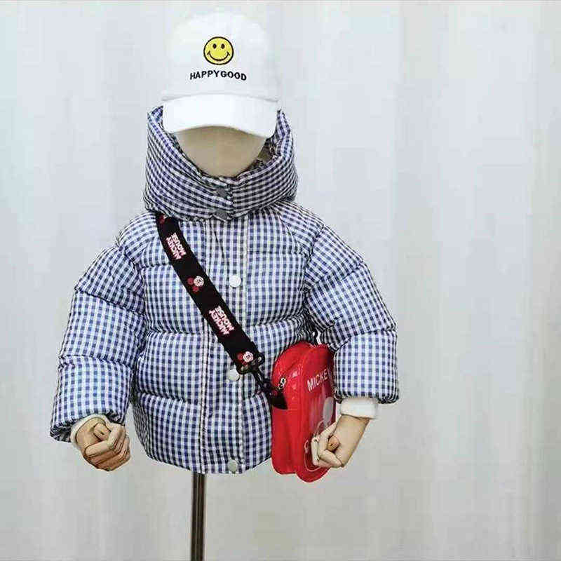 Fleece Plaid Winter Parkas Kids Jacket For Korean Boys Girls Warm Thick Velvet Children's Coat Toddler Outerwear Hooded Overcoat 211027