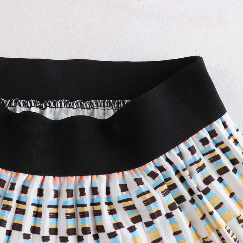 Spring Women Pleated Skirt Ladies Multicolor High Waist Contrast Color Autumn Casual Mid-calf Swing Long 210619