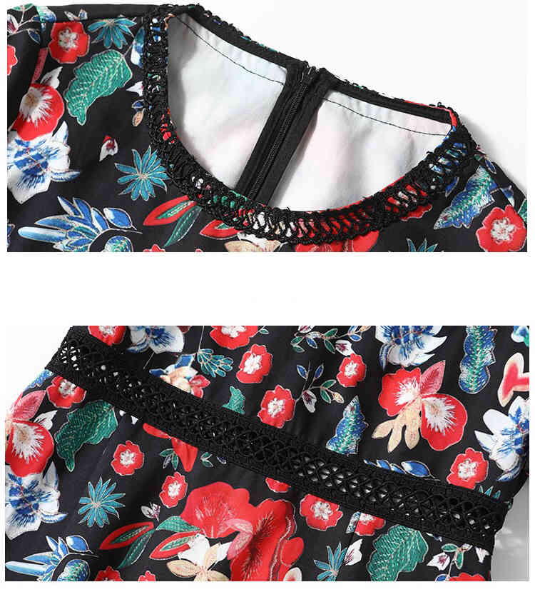 elegant floral printed patchwork hollow out high waist flare short sleeve o-neck summermermaid knee length dresses women 210421