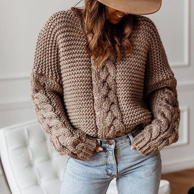 Women's Warm Cable Knit V-Neck Long Sleeve Oversized Sweater Casual Loose Pullover - Beige Acrylic 2024 Autumn Winter B2