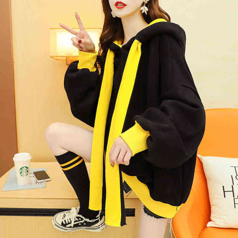 Polar fleece hooded spring and autumn casual hooded sweatshirt loose long sleeve hoodie pullover women's wool hooded top 211109
