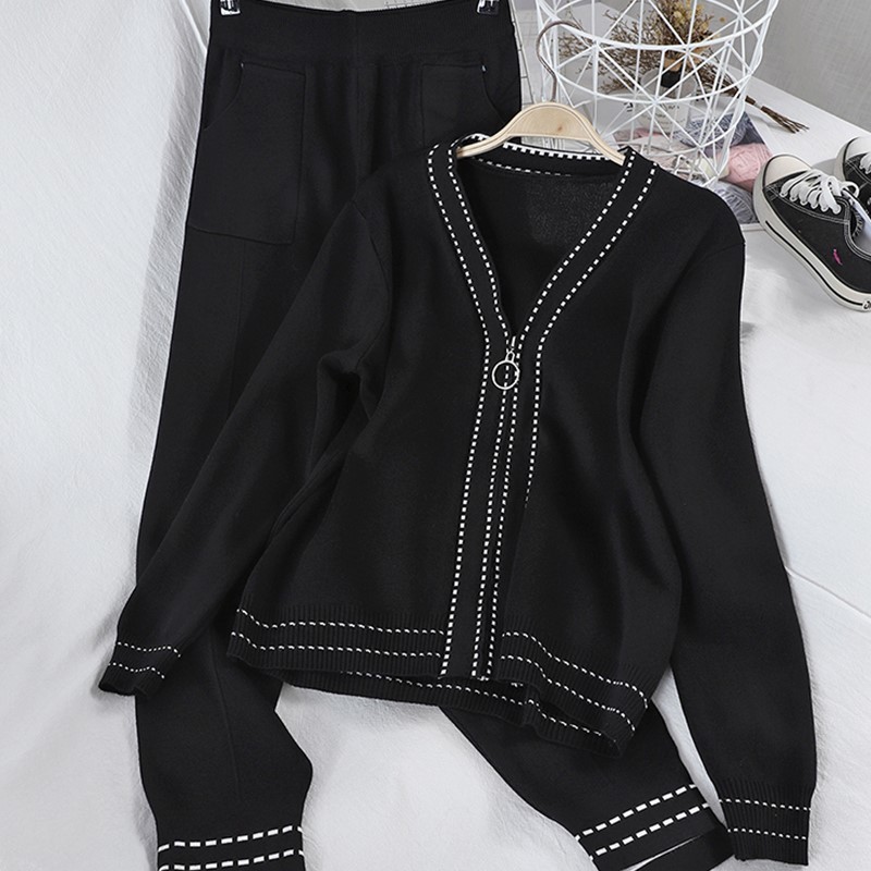 Women Stylish Suit Lady Chic V Neck Zipper Long Sleeve Coats Causl Pants Solid Knitting 2 Piece Set Autumn Winter 210506