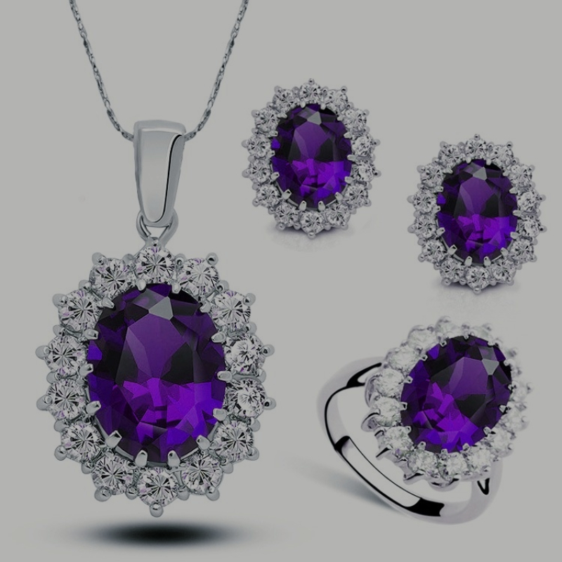 Princess The Same Sapphire Ring Earrings Necklace Set Ladies Crystal Diamond Jewelry Europe and South Korea INS Net Red Models313h