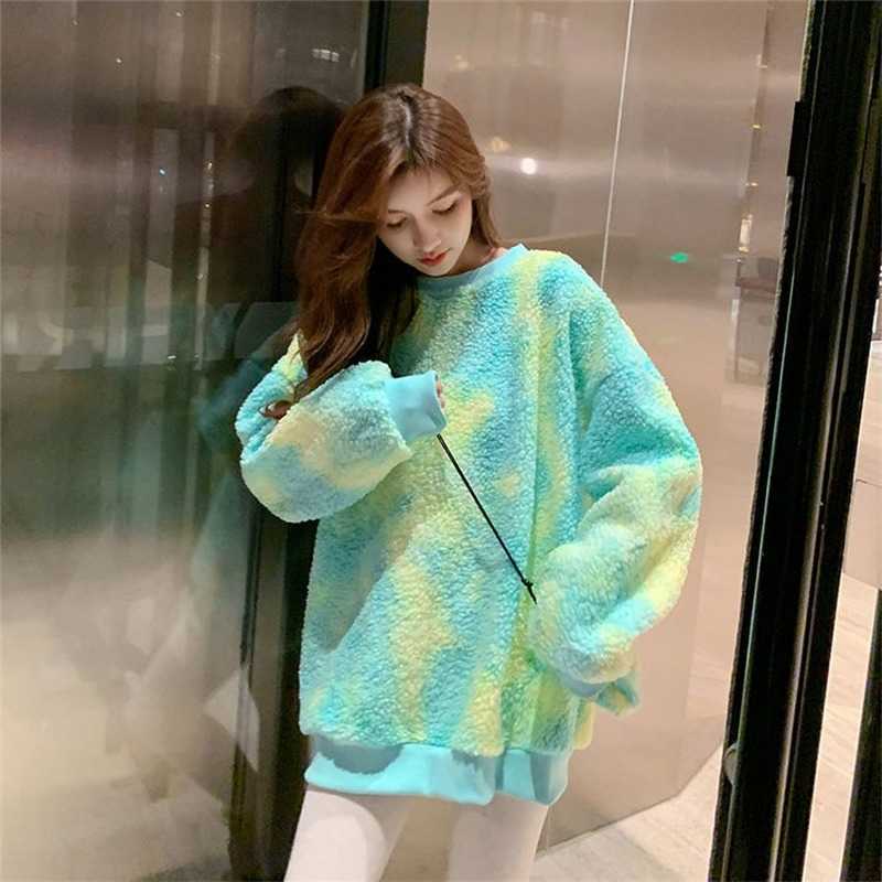 Winter Rainbow Kawaii Fur Hoodies Women Warm Sweet Oversized Hoodie Female Harajuku High Street Korean Sweatshirt Women 210816