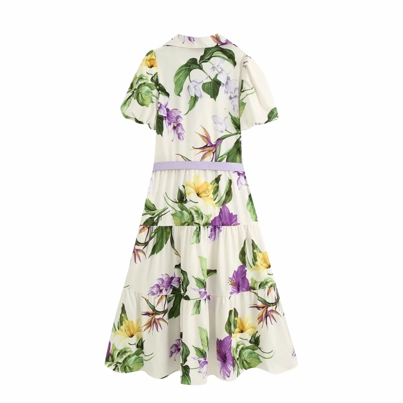 Elegant Women Floral printing Sashes Shirtwaist dress Femme Lantern Sleeve Midi Dresses Casual Lady Loose Clothes D6183 210430
