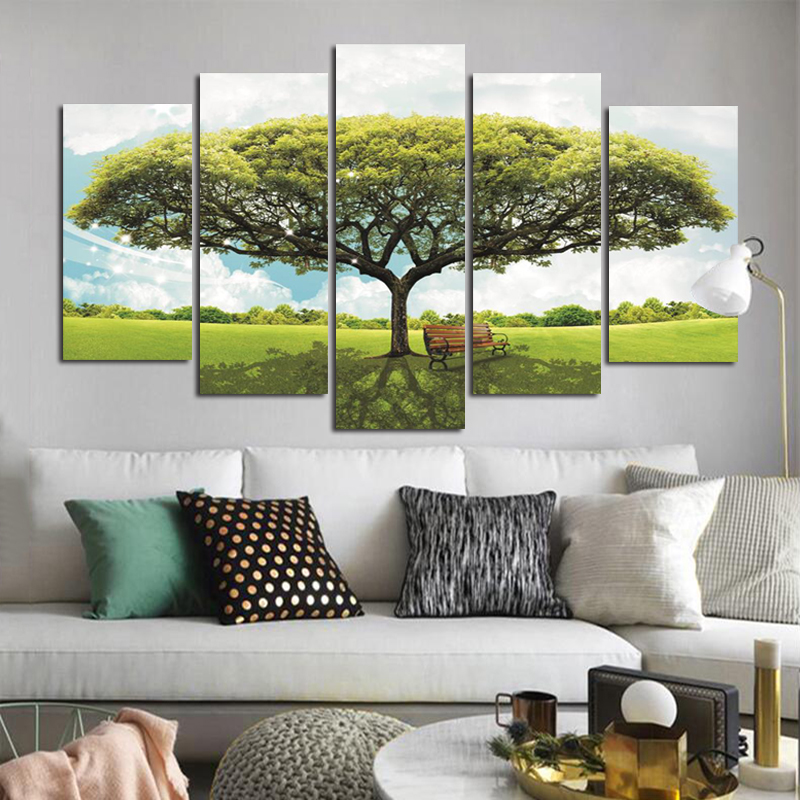 5 Panels Green Yellow Red Tree Posters Forest Prints Canvas Painting Wall Art For Living Room Landscape Pictures Home Decor