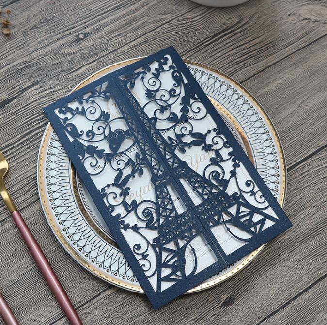 2021 Gold Laser Cut Gate Fold Wedding Invitations Eiffel Tower Sparkle Invitation Card for Bridal Brunch with Red Ribbon DIY Quince Invite