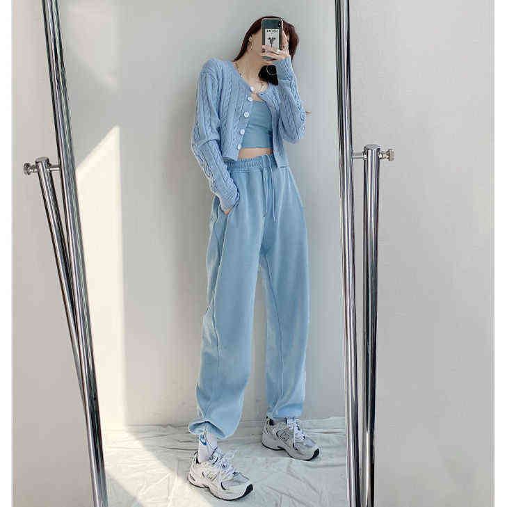 Loose women spring and autumn high-waist harem trousers padded pants pink blue solid stacked sweatpants cotton Straight 211112