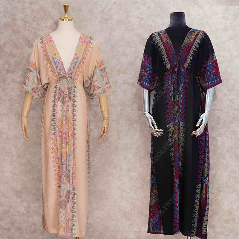 100% Cotton Tunic Pink Indie Folk Print Plus Size Kaftan Sexy Deep V-neck V-back Beach Dress Women Beachwear Swim Cover-ups Q645 210420