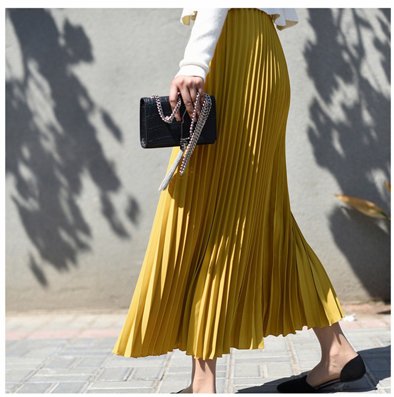 Ladies Summer Women Skirt Female Vintage Long Skirts Womens Maxi Casul Solid Elastic High Waist Women Pleated Skirt Saias Jupe 210416