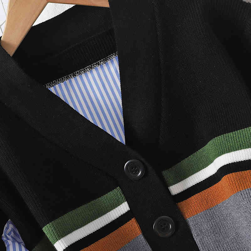 Nomikuma Irregular Stripe Patchwork Sweater Coat Contrast Color Korean Causal Knitted Cardigan Autumn Knitwear Jacket 6C602 210427