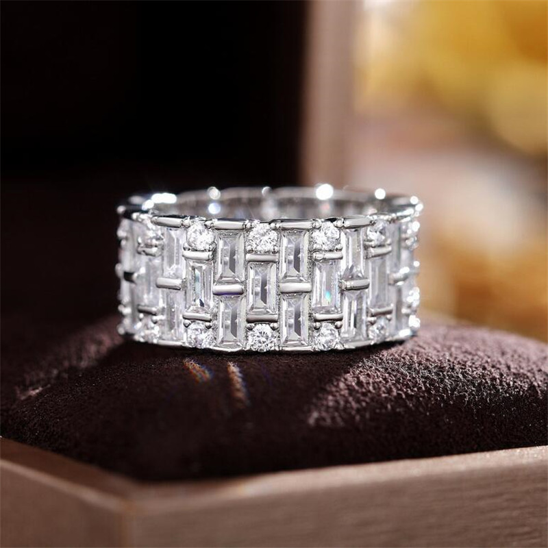 Cocktail Brand Wedding Rings SPakrling Luxury Jewery 925 Sterling Silver Princess Cut White Topaz CZ Diamond Gemstones Eternity Women Engagement Band 