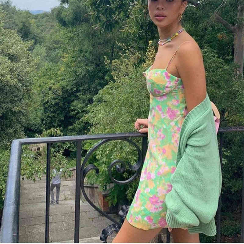 PUWD Sweet Woman Green Print Sling Mini Dress Summer Sexy Floral Bow Short es Ladies Backless Beach 210522