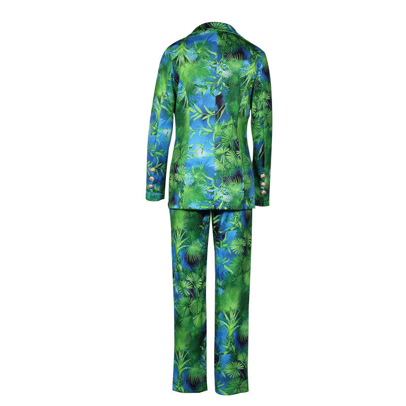 Autumn Women Pant Suits Green Jungle Print Blazer Vintage Streetwear Long Sleeve Coat and High Waist Trouser 2 Piece Set