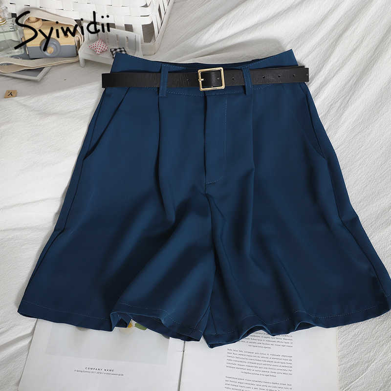 Syiwidii Button Up Women's High Waist Shorts Sashes Zipper Casual Solid Black Blue Summer Korean Fashion Office Ladies 210714