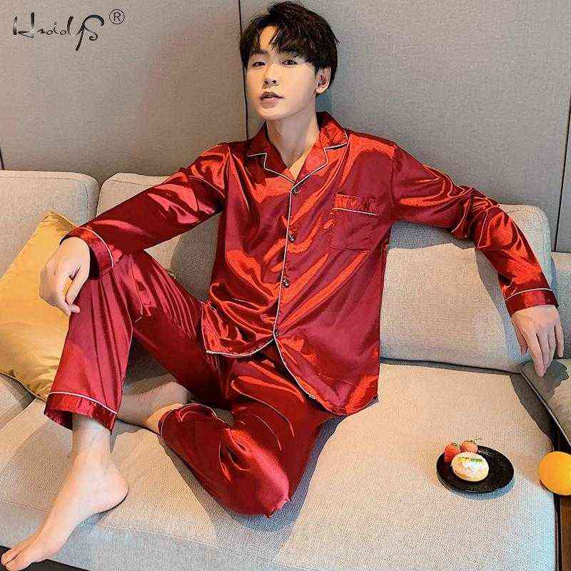 Men Loungewear Pyjamas Set for Men Nightwear Long Sleeve Sleep Tops Trousers Satin Silk Pajamas Men Sleepwear Set Pijama Set 211110
