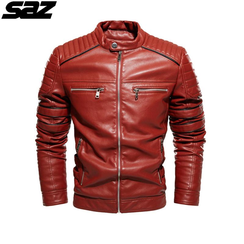 Saz Men Motorcycle Casusal Vintage Leather Jacket Coat Outfit Fashion Biker Pocket Design PU Men's Jackets