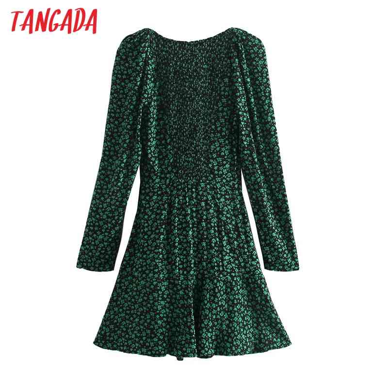 Fashion Women Green Flowers Print A-line Long Sleeve High Street Ladies Mini Dress 4N06 210416