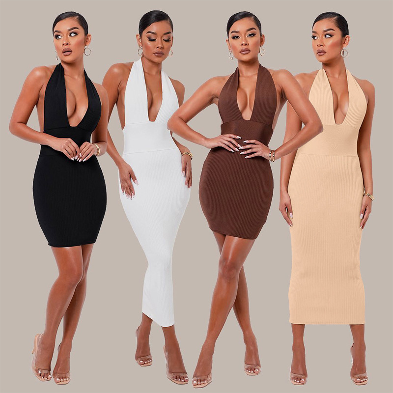 Women Halter Solid Deep V-Neck Ribbed Backless Patchwork Midi Dress Summer Sexy Sleeveless Club Party Package Hips Bodycon 210522
