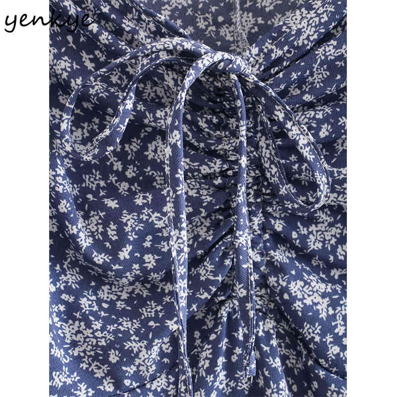 YENKYE Blue Floral Print Dress Women Sexy Drawstring V Neck Short Sleeve Vestido Mujer A-line Mini Holiday Summer Dress 210515